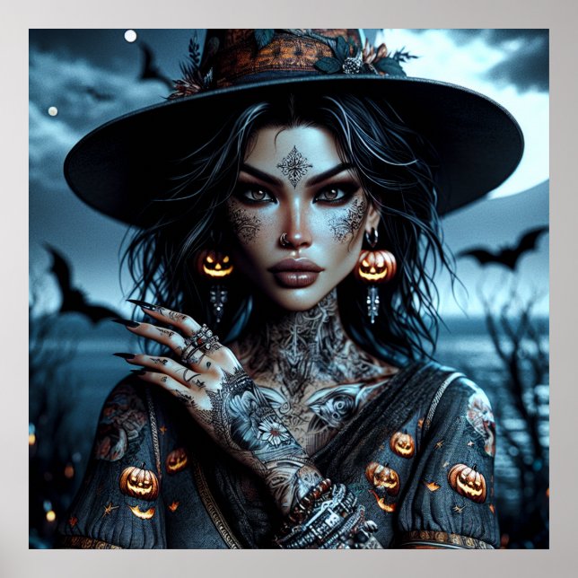 Hübsche gotische Hexe mit Tattoos Halloween Poster (Vorne)