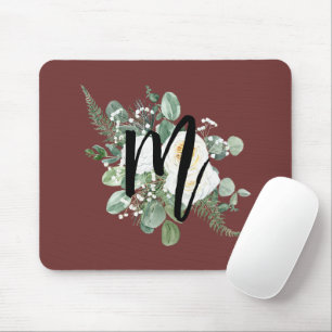 Hübsche graue Blume Monogram Burgundy Mousepad