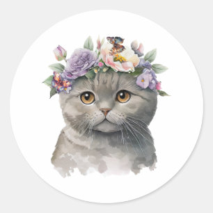 Hübsche graue Katze mit Blumen und Schmetterlingen Runder Aufkleber