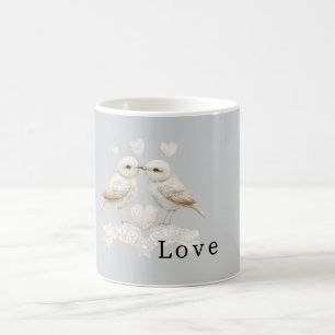 Hübsche graue Kunstspitze Weiße Liebesvögel Kaffeetasse