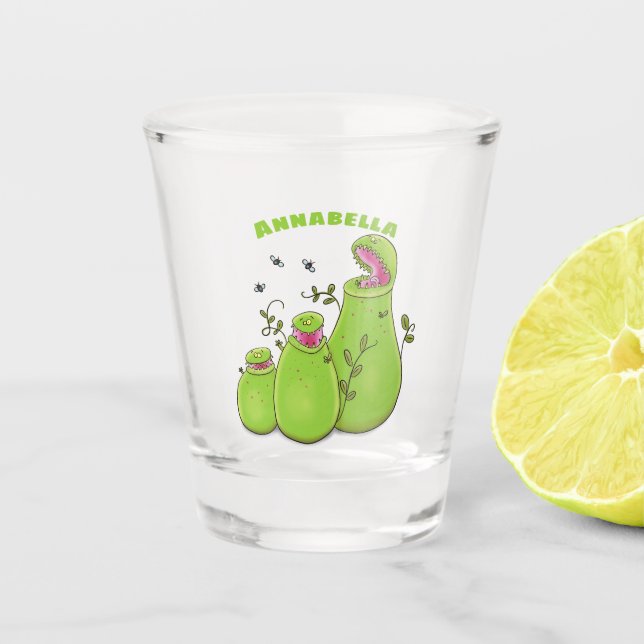 Hübsche grüne Fleischfresser-Pflanze Cartoon Schnapsglas (Vorderseite)