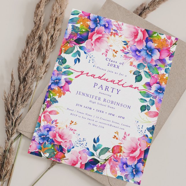 Hübsche Grüne Gartenblumenabteilung Einladung (Pretty Vibrant Garden Floral Graduation Party Invitation)