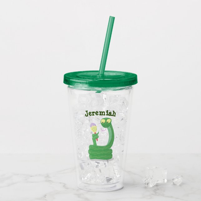 Hübsche grüne Schlange mit Maraca-Cartoon Acryltrinkbecher (Rückseite Ice)