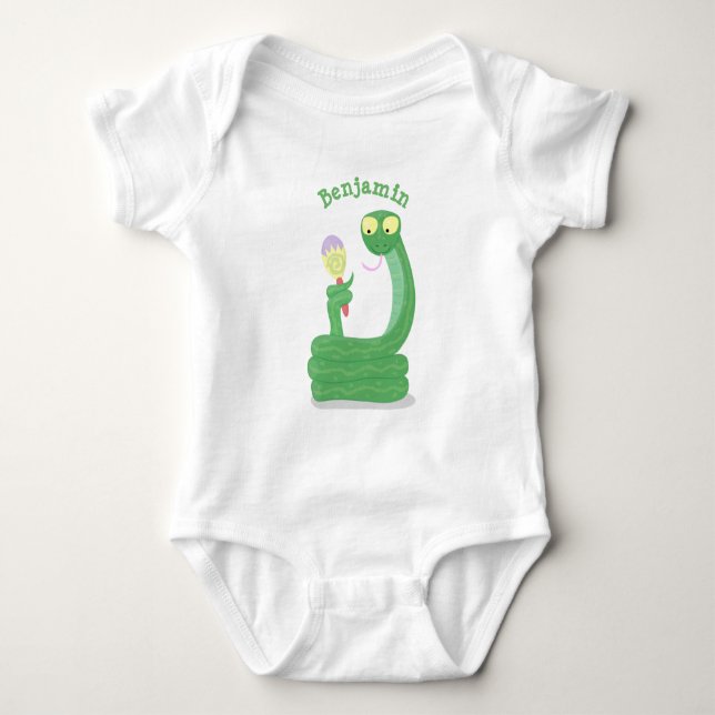 Hübsche grüne Schlange mit Maraca-Cartoon Baby Strampler (Vorderseite)