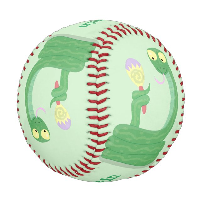 Hübsche grüne Schlange mit Maraca-Cartoon Baseball (Schrägansicht)