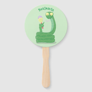 Hübsche grüne Schlange mit Maraca-Cartoon Fächer