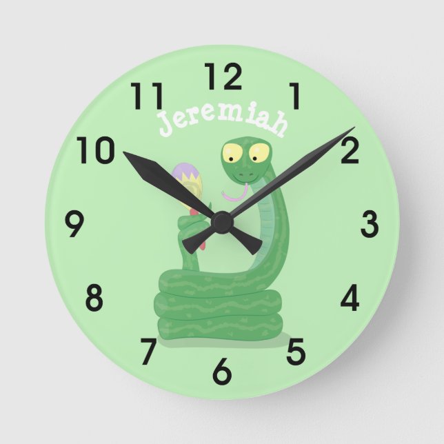Hübsche grüne Schlange mit Maraca-Cartoon Runde Wanduhr (Vorderseite)