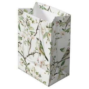 Hübsche Grüne Weiße Blumen Vögel Brautparty Mittlere Geschenktüte