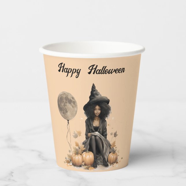 Hübsche Halloween-Hexe und Vollmond-Ballon Pappbecher (Vorderseite)