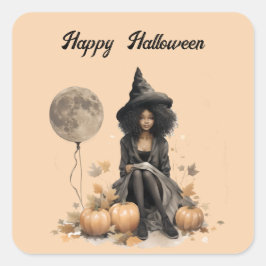Hübsche Halloween-Hexe und Vollmond-Ballon Quadratischer Aufkleber