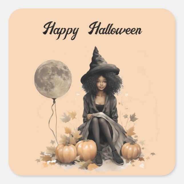 Hübsche Halloween-Hexe und Vollmond-Ballon Quadratischer Aufkleber (Vorderseite)