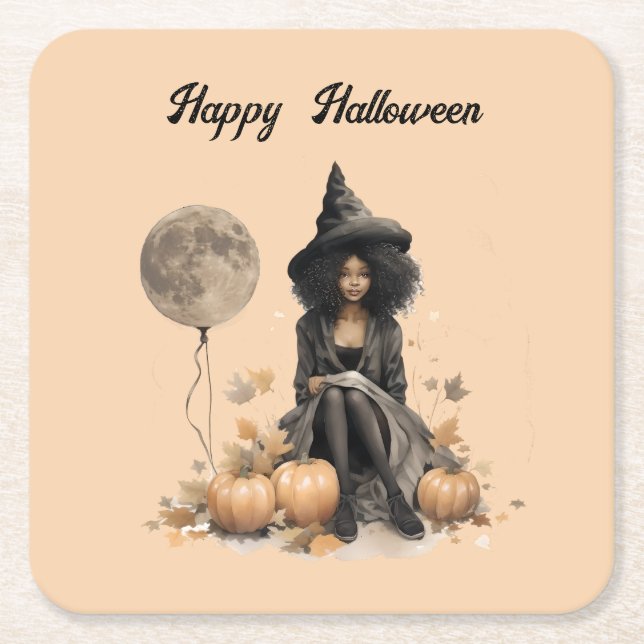 Hübsche Halloween-Hexe und Vollmond-Ballon Rechteckiger Pappuntersetzer (Vorderseite)