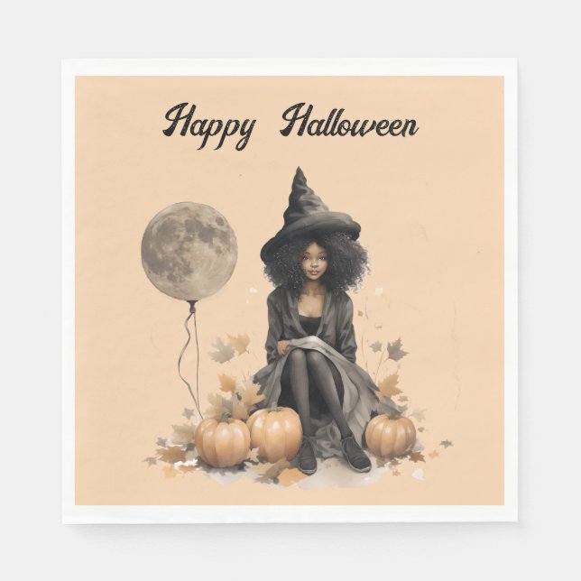 Hübsche Halloween-Hexe und Vollmond-Ballon Serviette (Vorderseite)