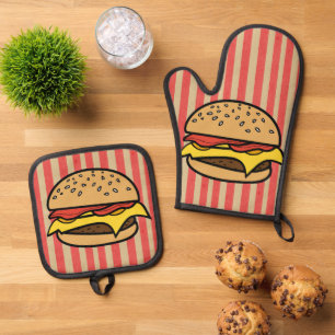 Hübsche Hamburger mit Retro-Kunst Rote Streifen Mu Ofenhandschuh & Topflappen-Set