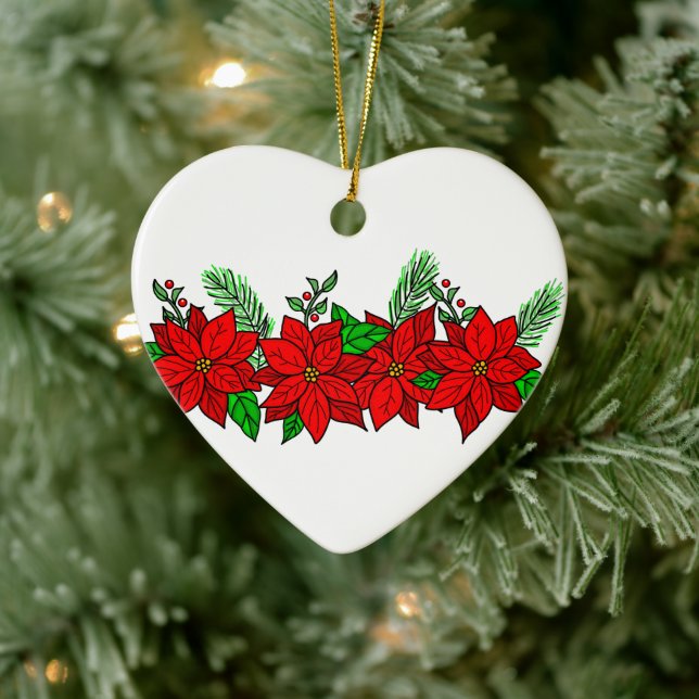 Hübsche handgezogene Poinsettias Personalisiert Keramik Ornament (Baum)