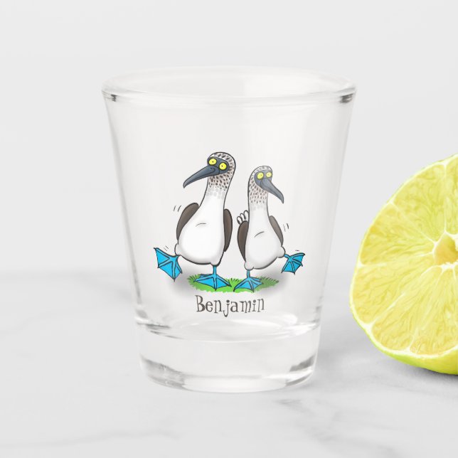 Hübsche, hellblaufüßige Boobies tanzen Cartoon Schnapsglas (Vorderseite)