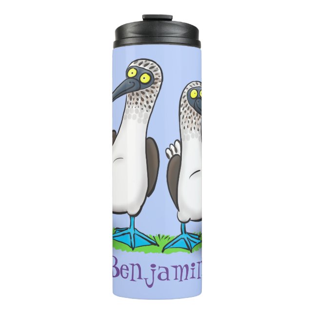 Hübsche, hellblaufüßige Boobies tanzen Cartoon Thermosbecher (Vorderseite)