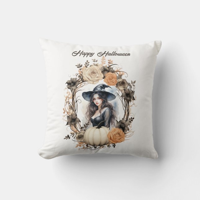 Hübsche Hexe im Halloween-Kranz Kissen (Vorderseite)