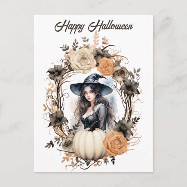 Hübsche Hexe im Halloween-Kranz Postkarte (Vorderseite)