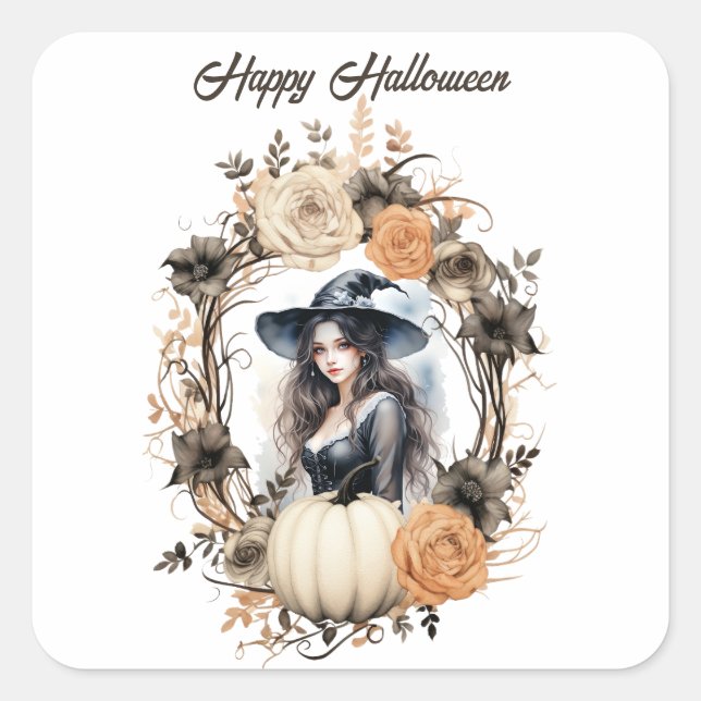 Hübsche Hexe im Halloween-Kranz Quadratischer Aufkleber (Vorderseite)