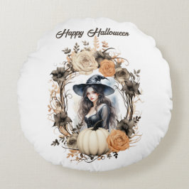 Hübsche Hexe im Halloween-Kranz Rundes Kissen