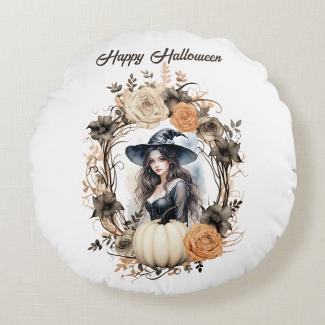 Hübsche Hexe im Halloween-Kranz Rundes Kissen (Vorderseite)