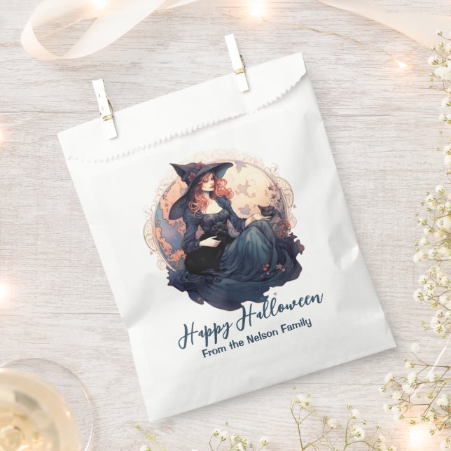 Hübsche Hexe und Niedliche Schwarze Katze glücklic Geschenktütchen (Ausgeschnitten)