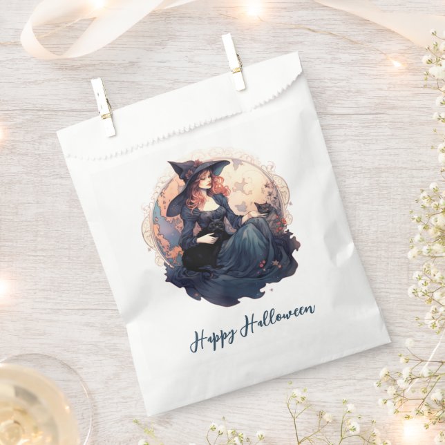 Hübsche Hexe und Niedliche Schwarze Katze glücklic Geschenktütchen (Ausgeschnitten)