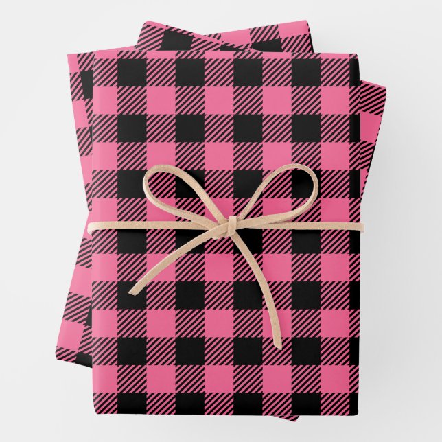Hübsche Himbeere rosa und schwarzes Buffalo Karier Geschenkpapier Set (Beispiel)