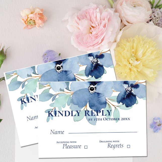 Hübsche Hochzeit mit blauer Blume RSVP Karte (Pretty Watercolor Stale Blue Floral Wedding RSVP Card)