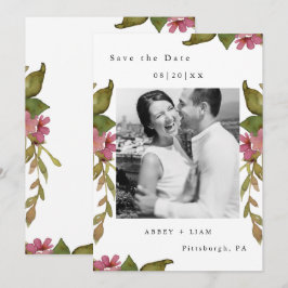 Hübsche Hochzeit mit Blumen und Grün des Fotos Save The Date