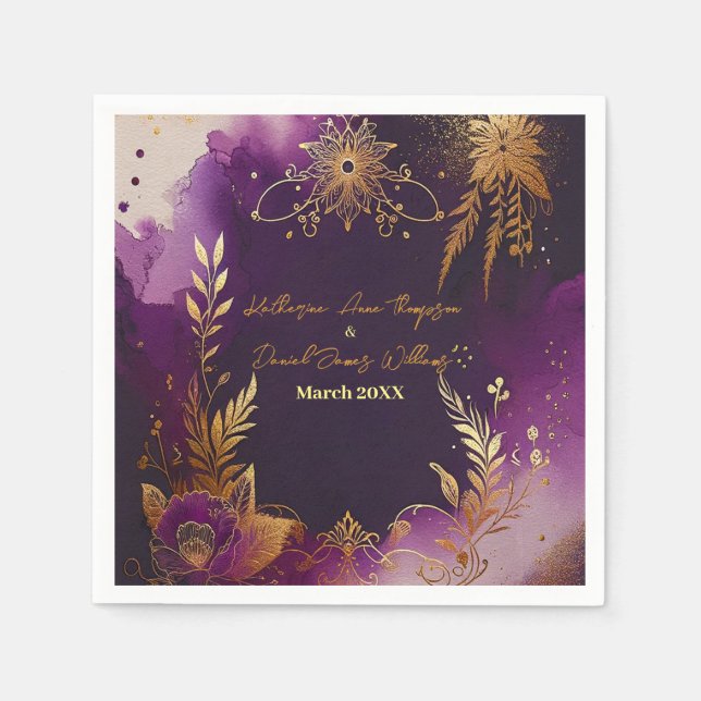 Hübsche Hochzeit mit Lila Wasserfarben und Goldflo Serviette (Vorderseite)