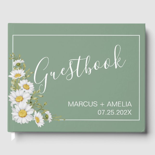 Hübsche Hochzeit von Basil Green & White Daisies Gästebuch (Vorderseite)