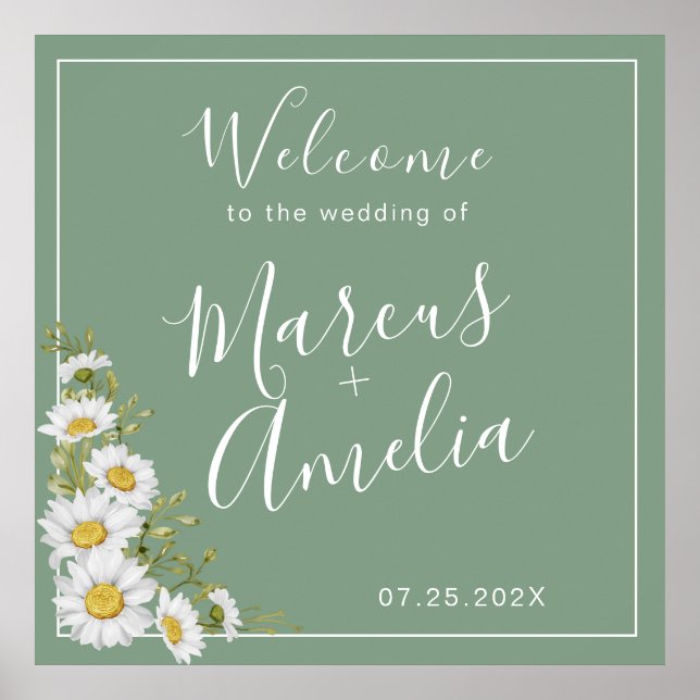 Hübsche Hochzeit von Basil Green & White Daisies Poster (Vorne)