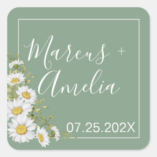 Hübsche Hochzeit von Basil Green & White Daisies Quadratischer Aufkleber (Vorderseite)