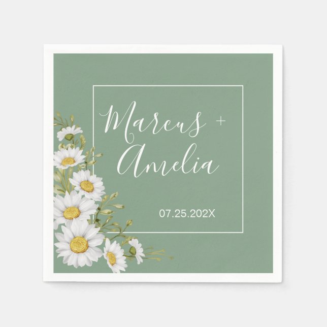 Hübsche Hochzeit von Basil Green & White Daisies Serviette (Vorderseite)