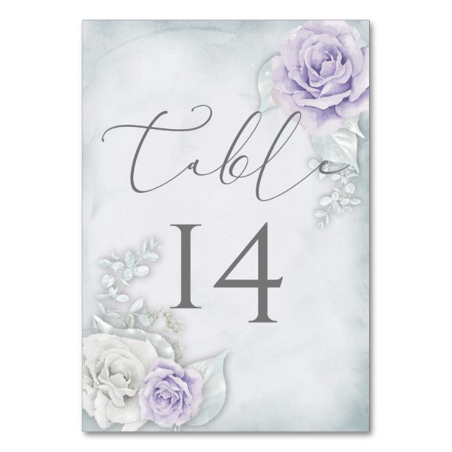 Hübsche Hochzeit von Pale Lilac und White Roses Tischnummer (Vorderseite)