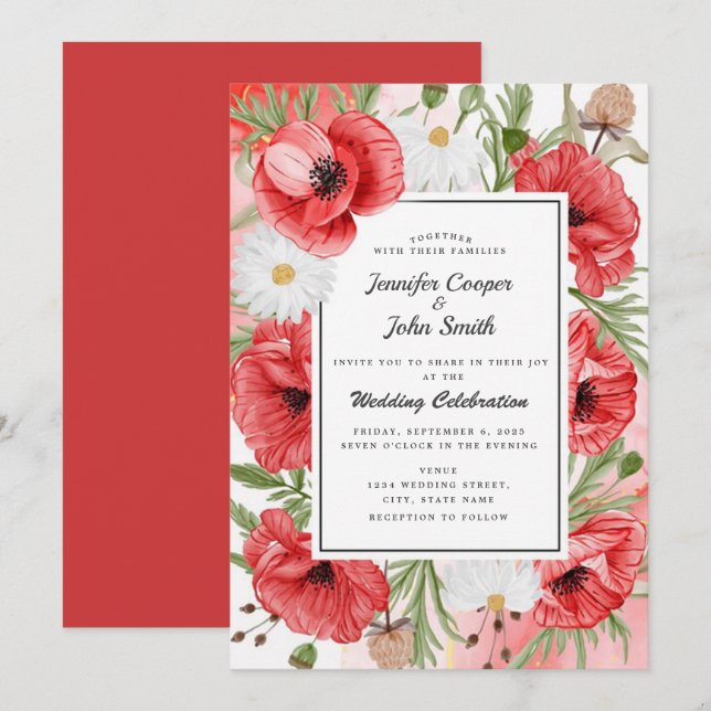 Hübsche Hochzeit von Roten Poppies mit Wasserfarbe Einladung (Vorne/Hinten)