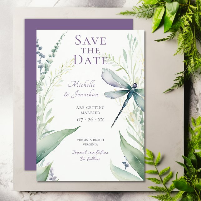 Hübsche Hochzeit von Wasserfarben und Grünpflanzen Save The Date (Pretty Watercolor Dragonfly and Greenery Wedding Save The Date)