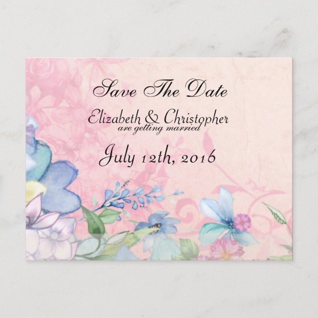 Hübsche Hochzeiten in Rosa und Blauer Flora speich Ankündigungspostkarte (Vorderseite)