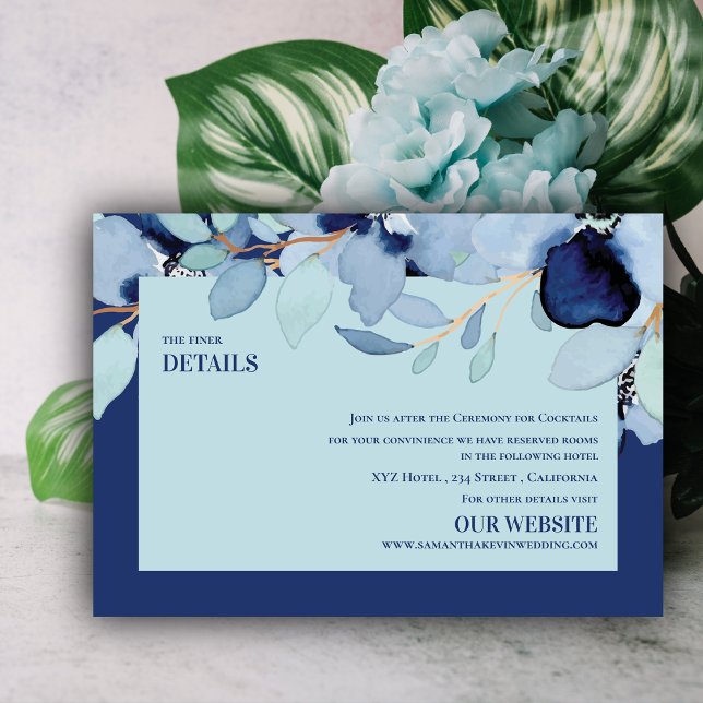 Hübsche Hochzeitsdetails für Blaublauer Flor Begleitkarte (Pretty Watercolor Blue Floral Wedding Details Enclosure Card)