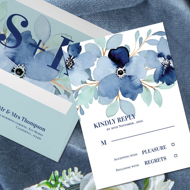 Hübsche Hochzeitsfeier mit blauer Blüte (Pretty Watercolor Stale Blue Floral Wedding RSVP)