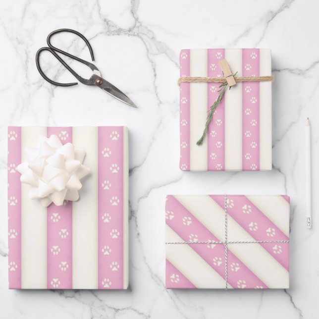 Hübsche Hundepaw-Drucke auf rosa und weiße Streife Geschenkpapier Set (Vorderseite)