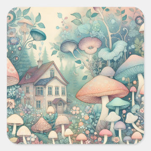 Hübsche Hütte Whimsical Village Quadratischer Aufkleber