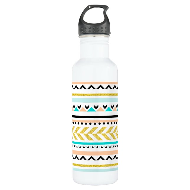 Hübsche Imitate Glitzer Gold, Coral, Aqua Aztec De Edelstahlflasche (Vorderseite)