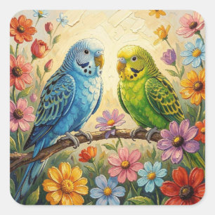 Hübsche Impasto Blau und Grüne Sittiche   Quadratischer Aufkleber