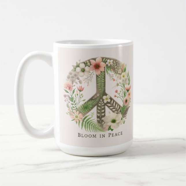 Hübsche Initialen Retro "Bloom in Peace"-Zeichen Kaffeetasse (Links)