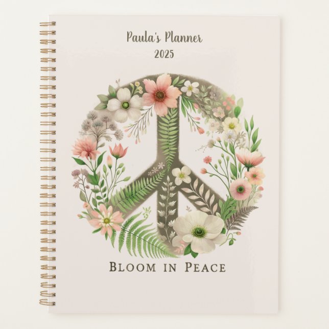 Hübsche Initialen Retro "Bloom in Peace"-Zeichen Planer (Vorderseite)