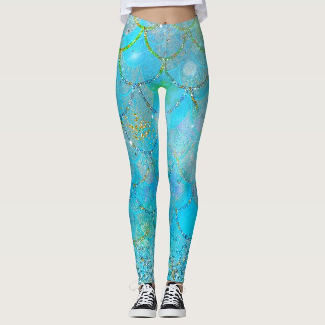 Hübsche Iridescent Blue Shimmer Mermaid Scales Leggings (Vorderseite)