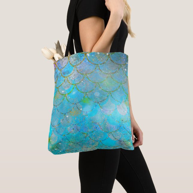 Hübsche Iridescent Blue Shimmer Mermaid Scales Tasche (Von Nahem)